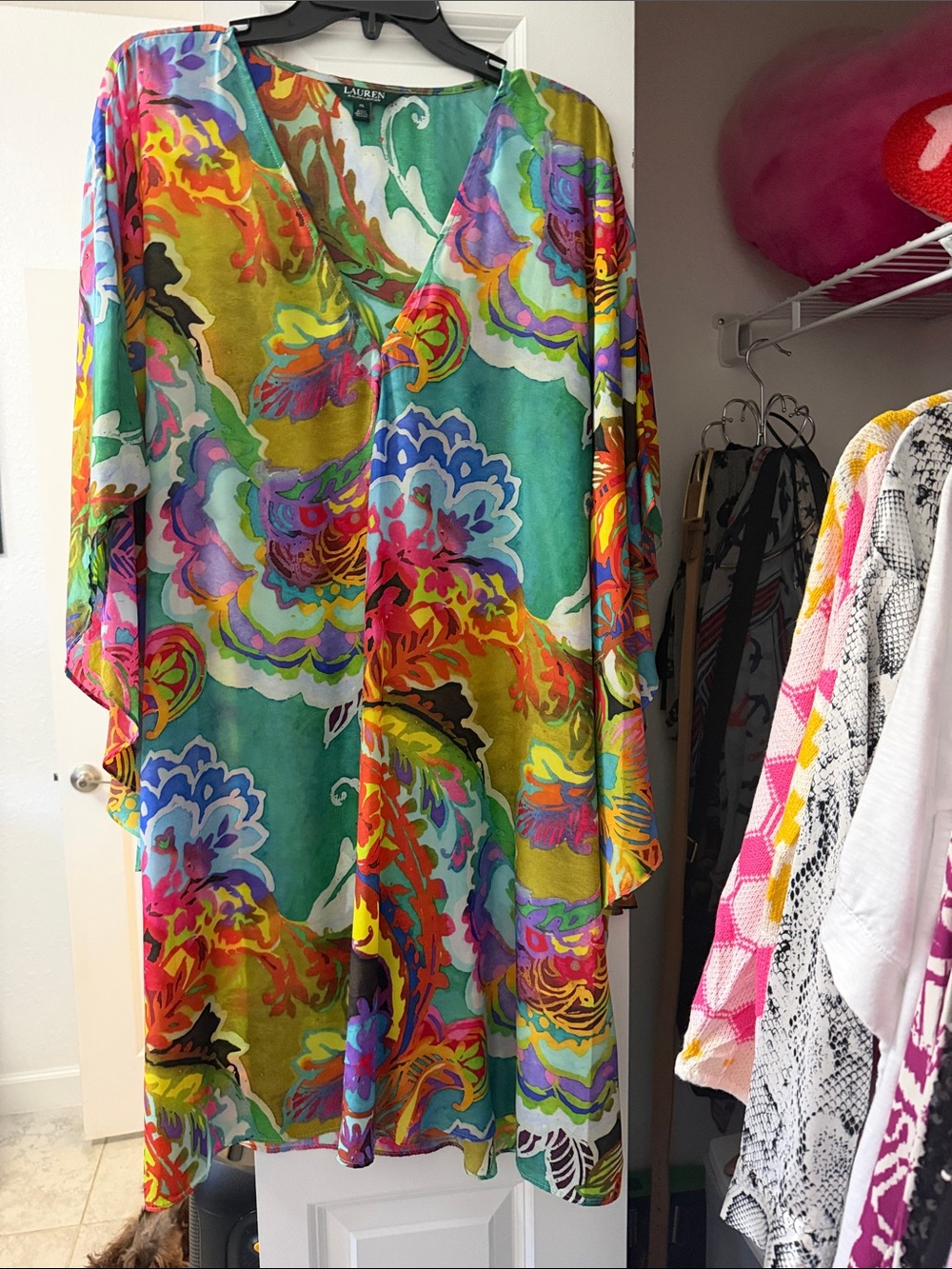 Lauren Ralph Lauren Multicolor Floral V-Neck dress with Green Base.